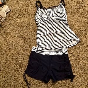 Striped Tankini Top and Shorts Set